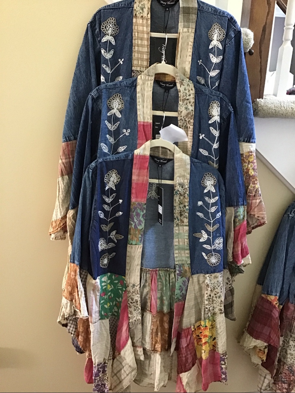 YOUNG THREADS NWT Kimono Denim Boho Colors vary Bell Sleeve Size Small - X-Large